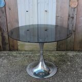 round table with tulip base, chrome and smoked glass