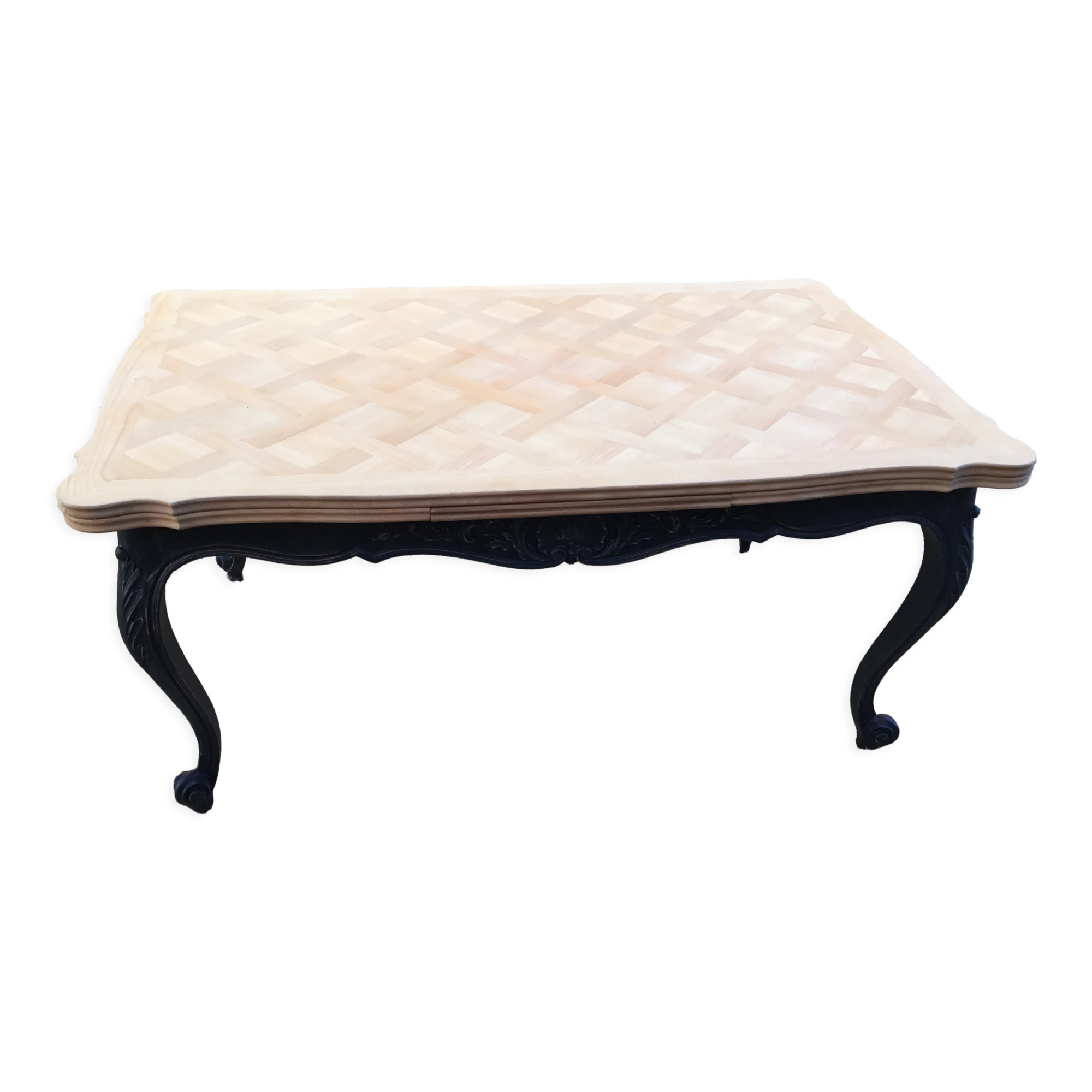 Louis XV style table in cherry wood restyled base in black and raw wood top