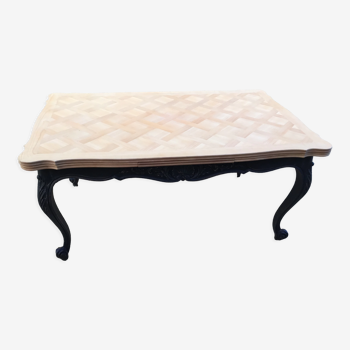 Louis XV style table in cherry wood restyled base in black and raw wood top