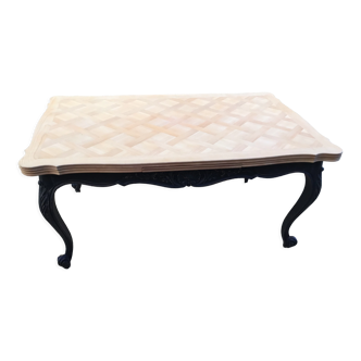 Table de style Louis XV en merisier relookée piétement en noir et dessus bois brut