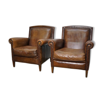 Set de 2 fauteuils club vintage en cuir cognac Pays-Bas