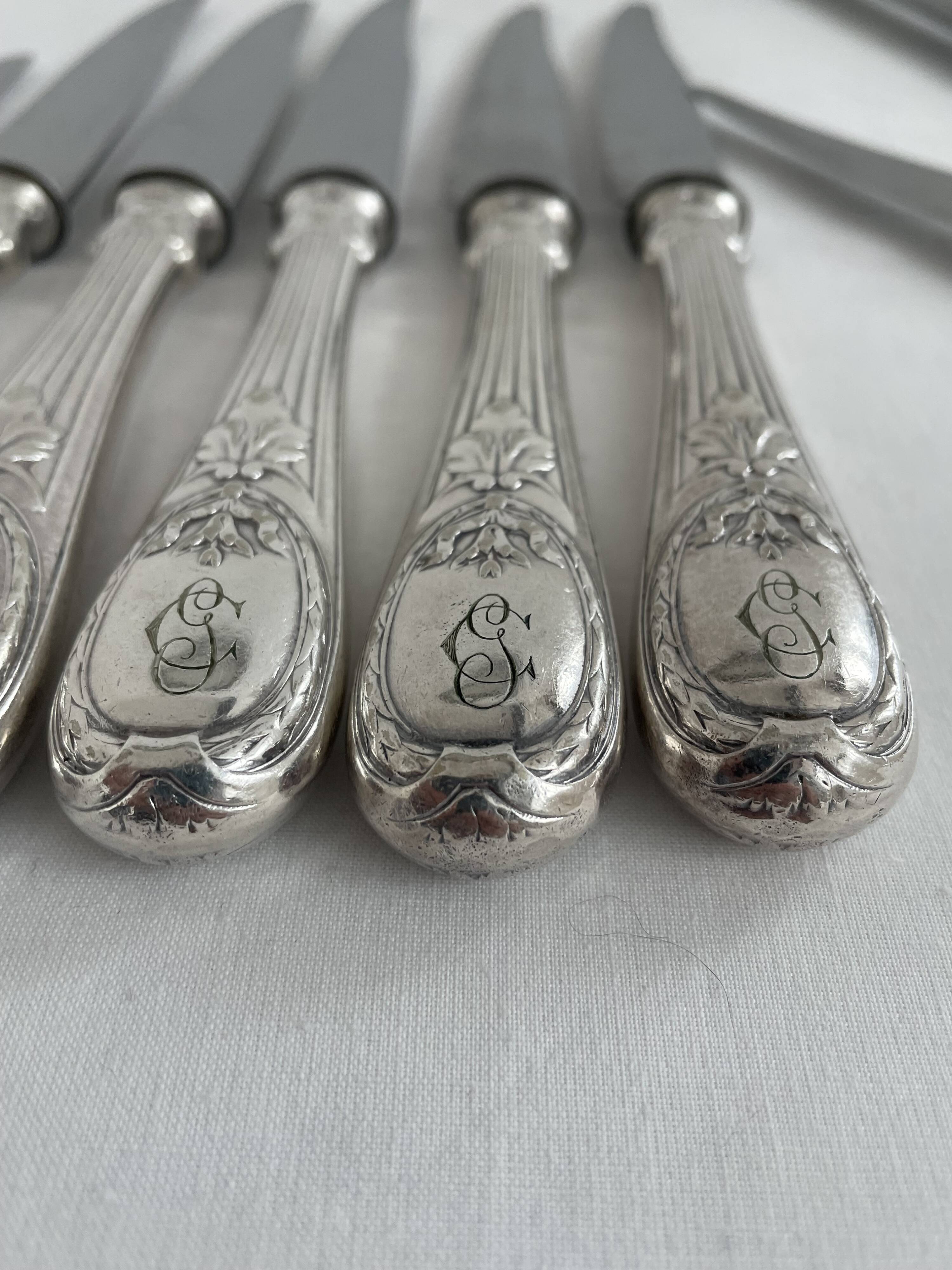 Knife set, Charles Christofle, silver plated metal, Art Nouveau, plant decoration, cheese, large