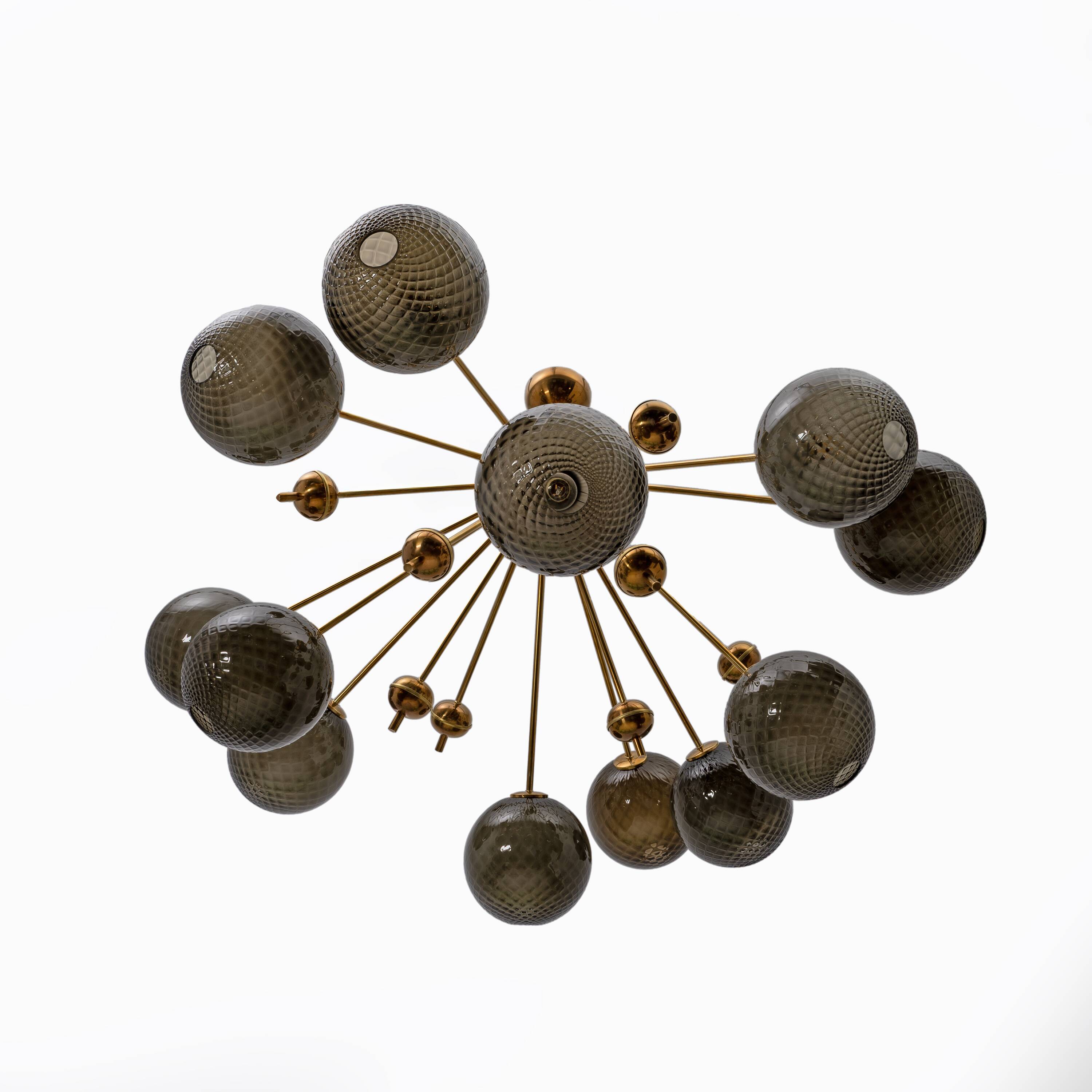 “Galaxy” Chandelier in Brass and Fumé Murano Glass