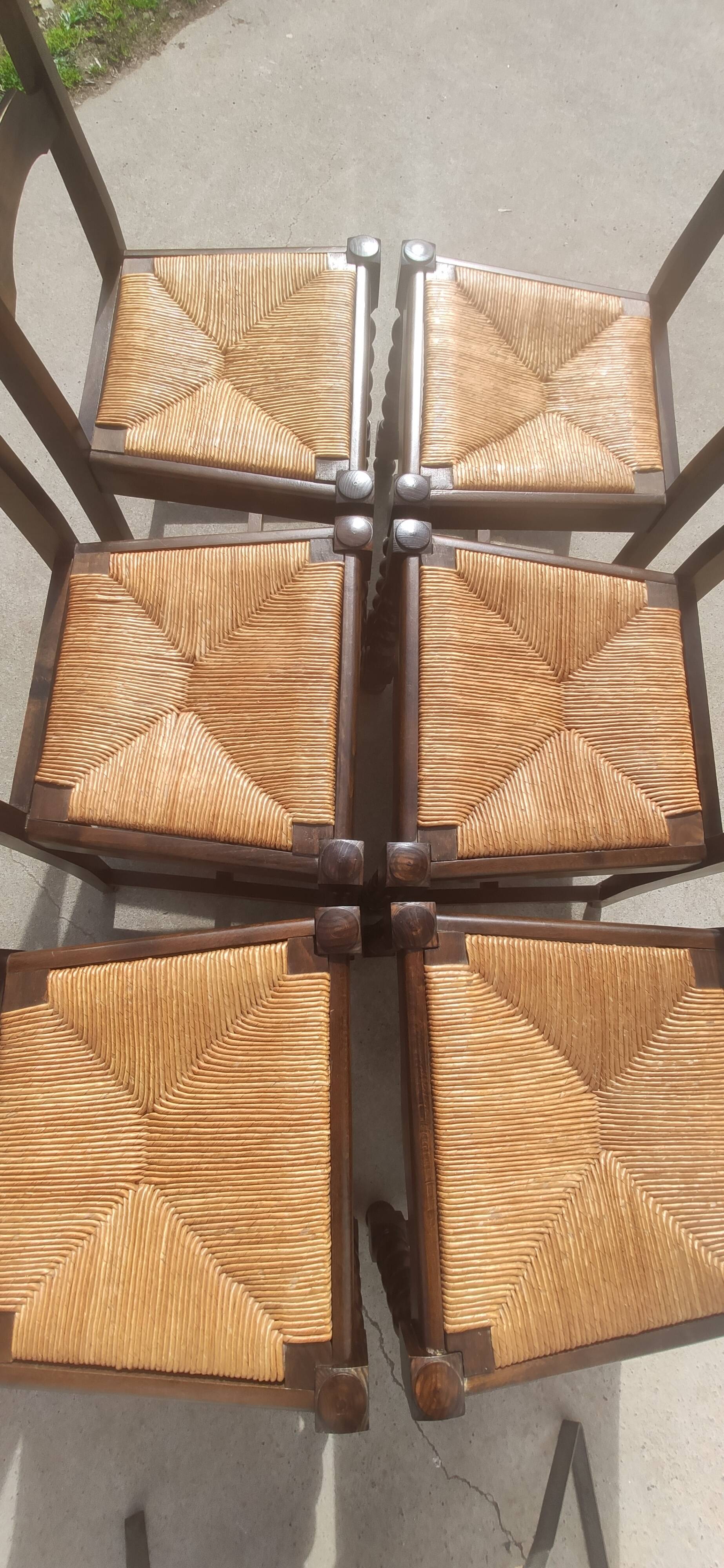 6 wooden and straw chairs, Louis XIII style