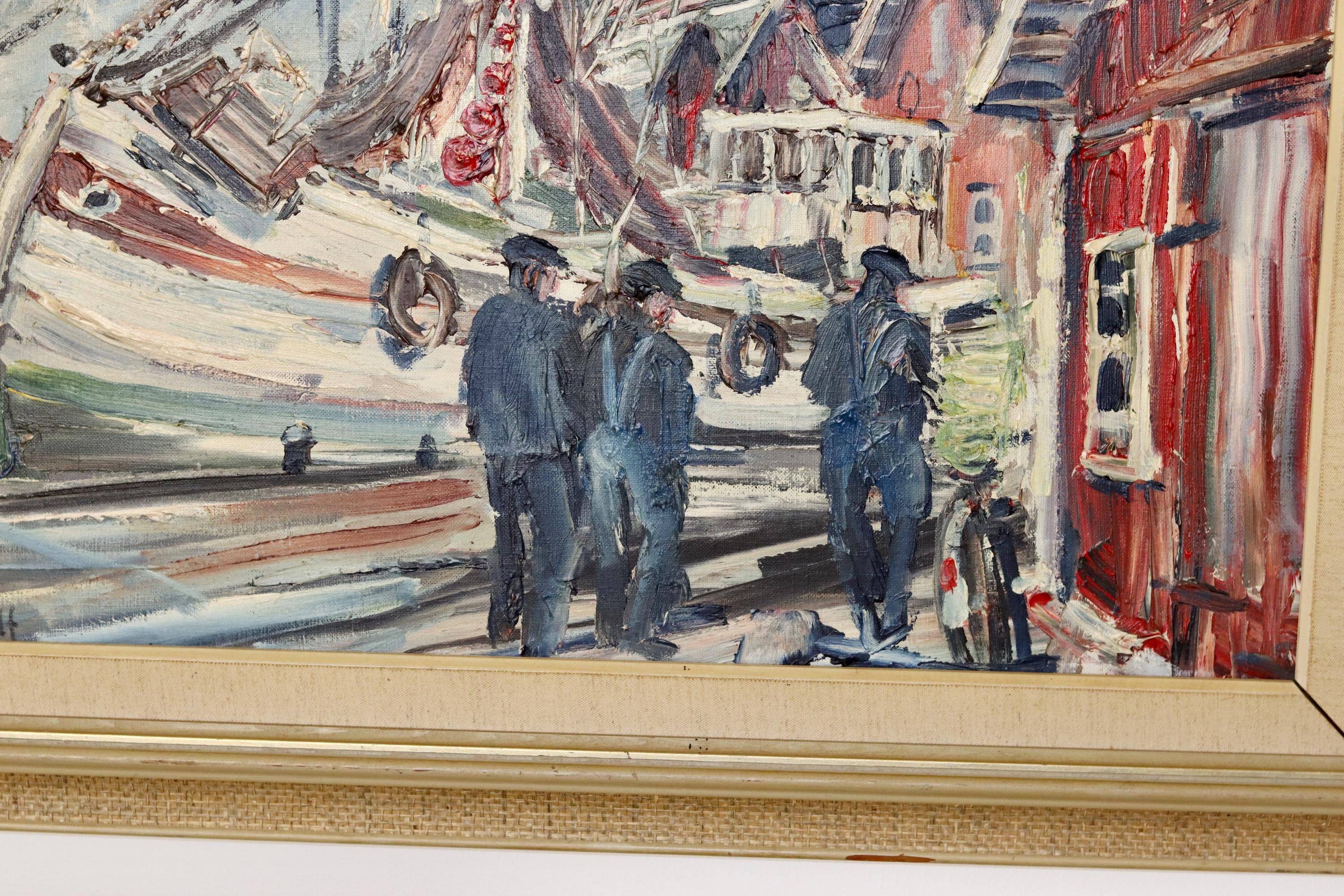 Peinture à l'huile sur toile suédoise du milieu du siècle « Harbour » par Alf Johanson (1905–1991) - Vintage et encadrée