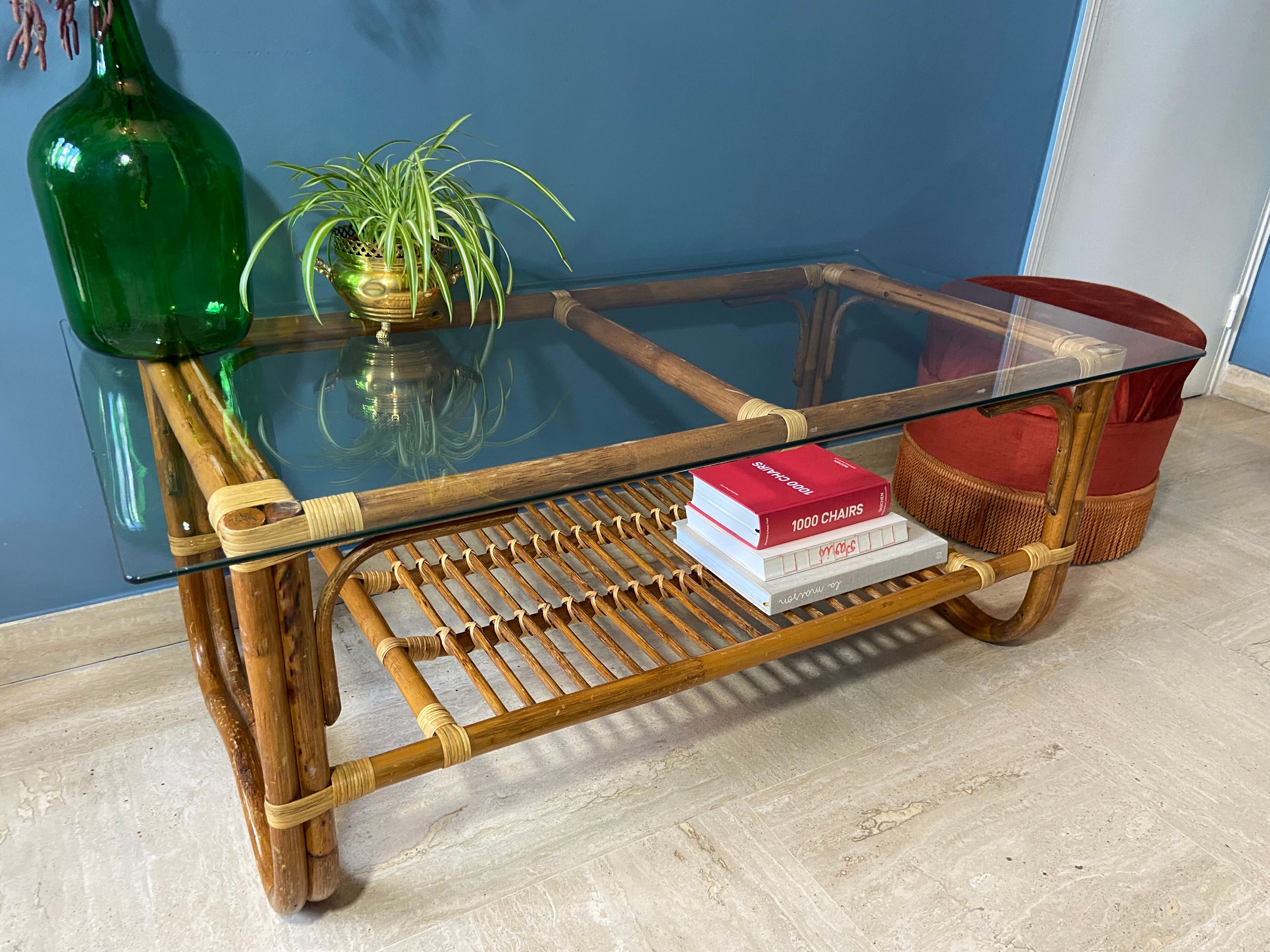 Vintage rattan and glass coffee table