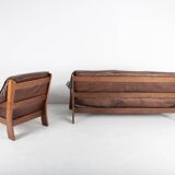 Brutalist leather sofa and armchair set, 1970s