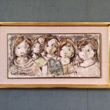 Mid-century modern swedish "the children" figurative framed oil painting