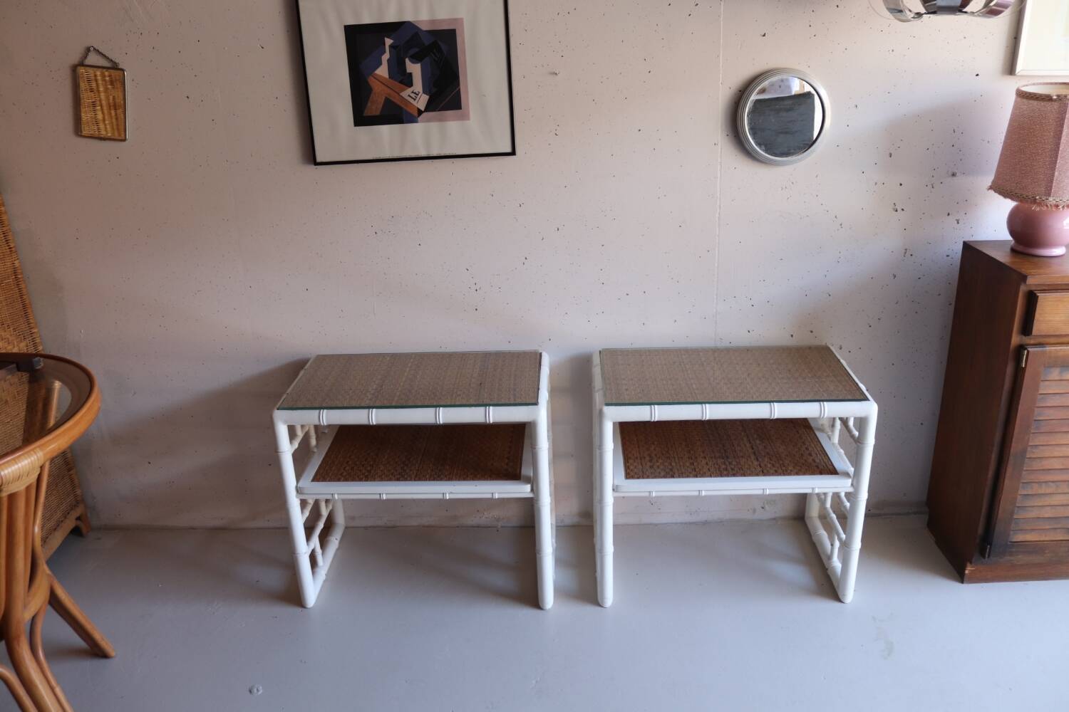 Pair of bedside tables in bamboo effect wood and woven wicker