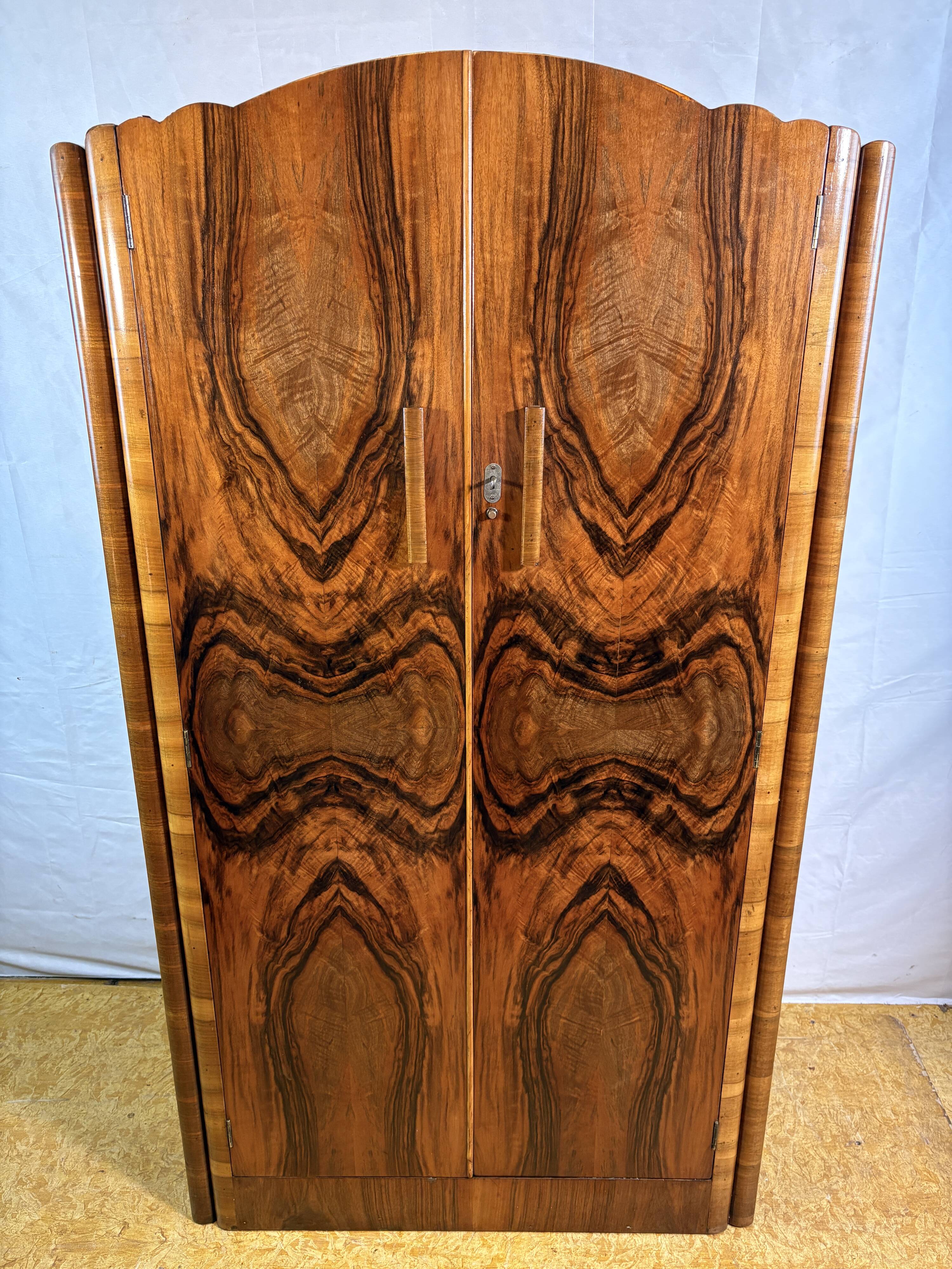 Art Deco Vintage 1930s  Figured Walnut Wardrobe Bookmatched Fitted Interior