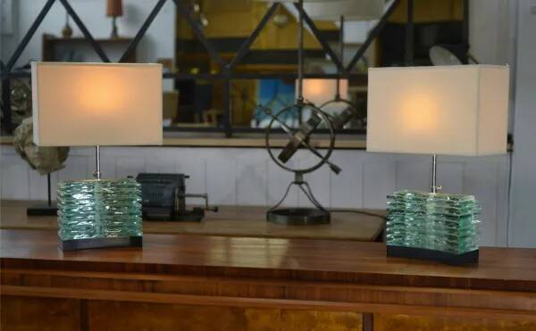 Pair of brutalist lamps in raw glass and beige shades, 1960s