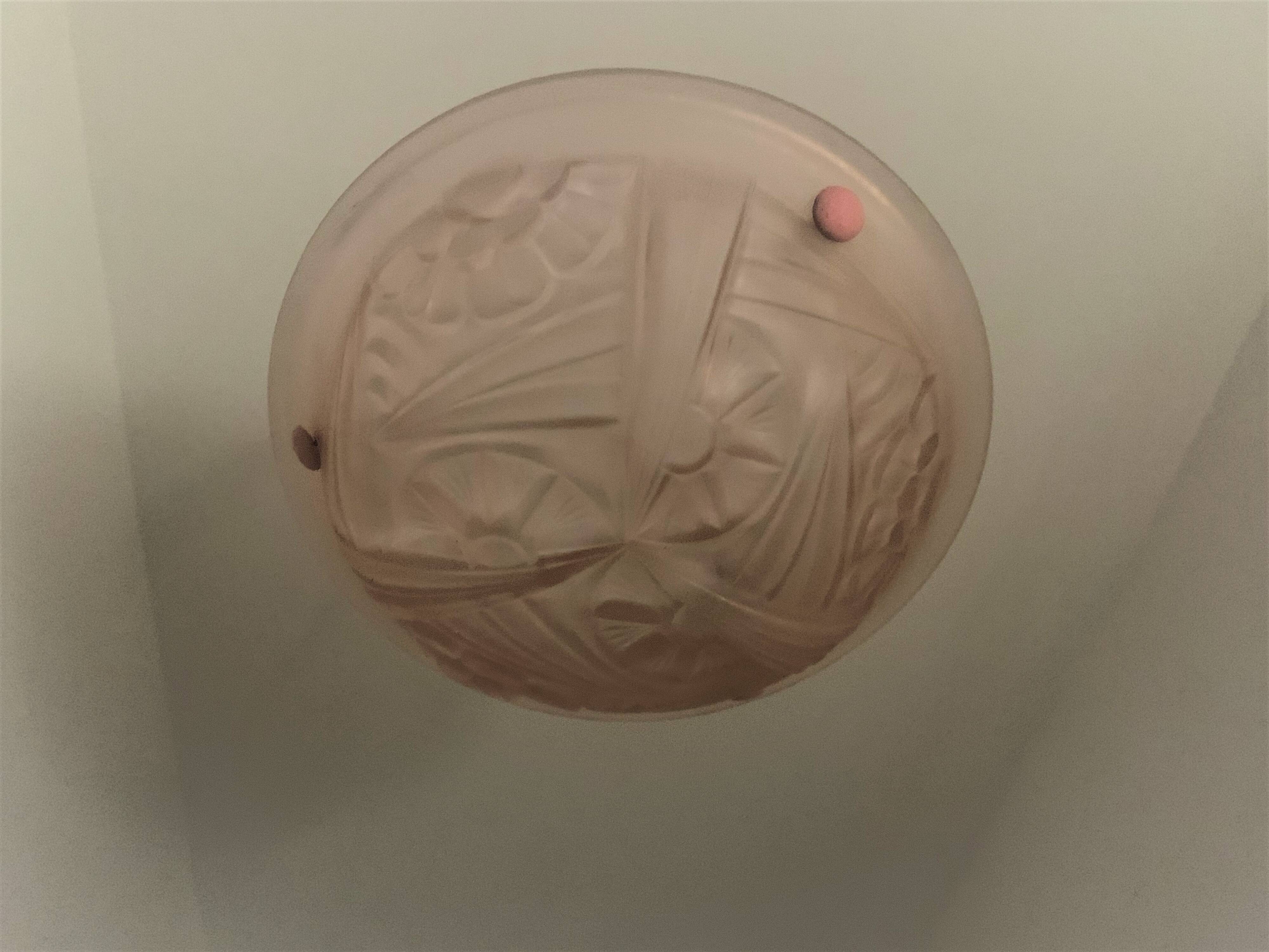 Art Deco Suspension Lamp in Pastel Pink Frosted Glass Signed Degué France 1930s