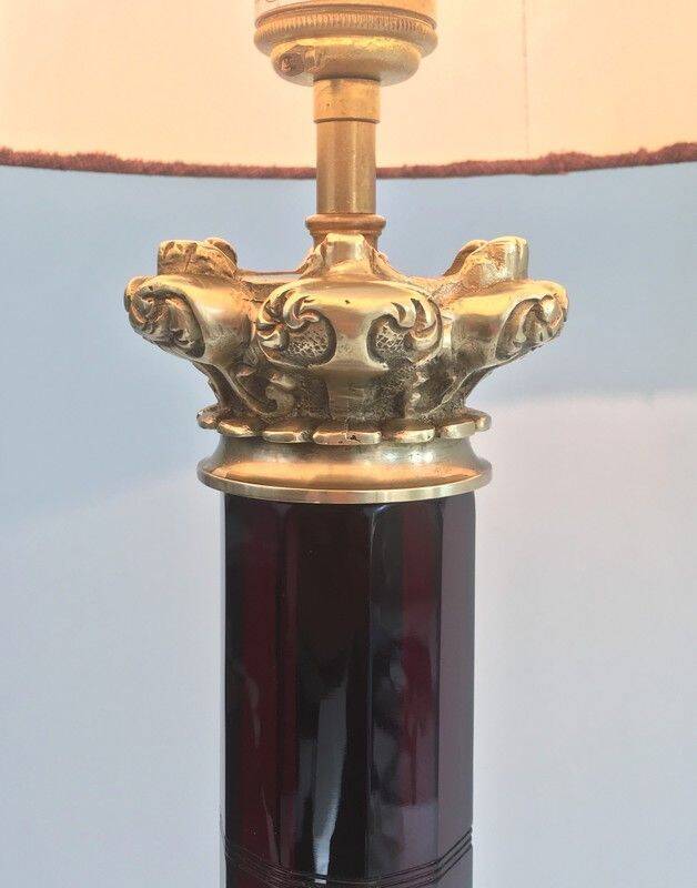 Attributable to Cristal & Bronze Paris. Important lamp in red crystal and chiselled bronze.