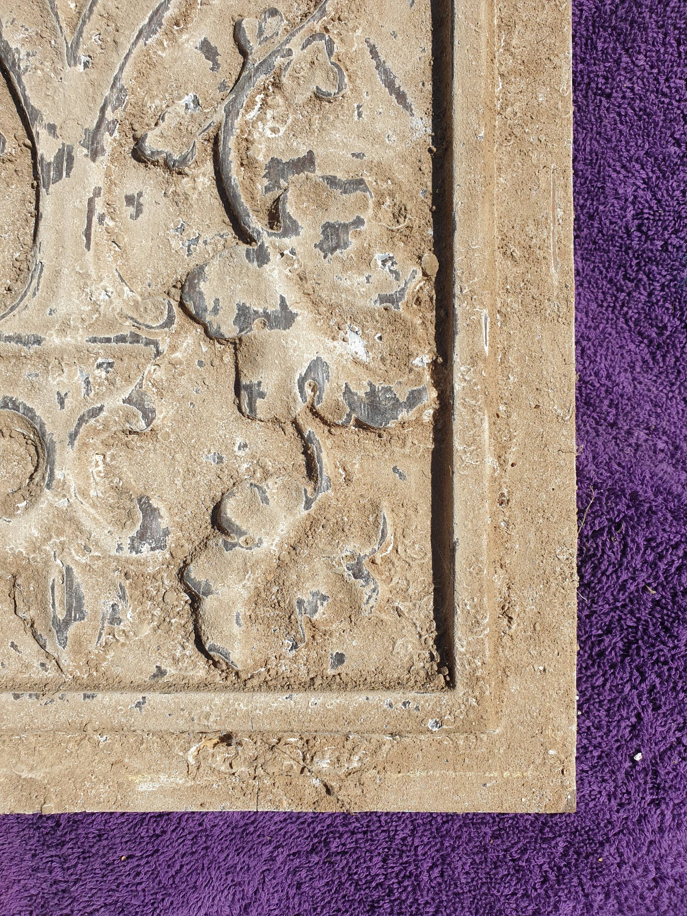 Polychrome carved wooden panel, wall element, old object