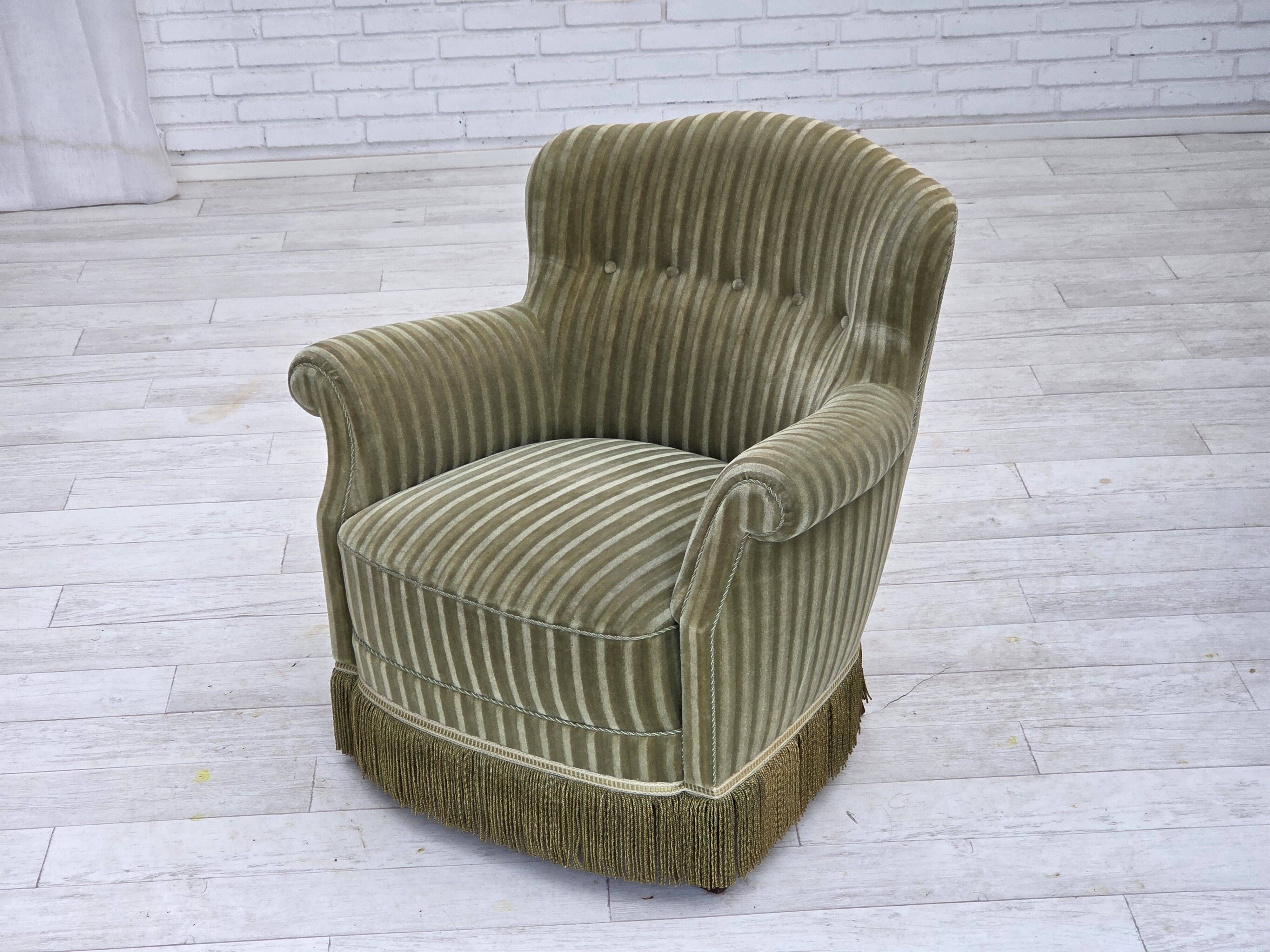 1960s, Danish armchair, original striped furniture velour, beech wood legs.