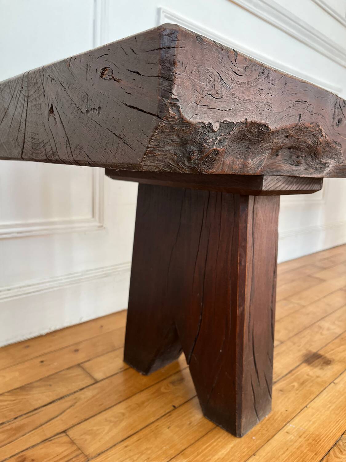 Brutalist Folk Art Bench Solid Oak