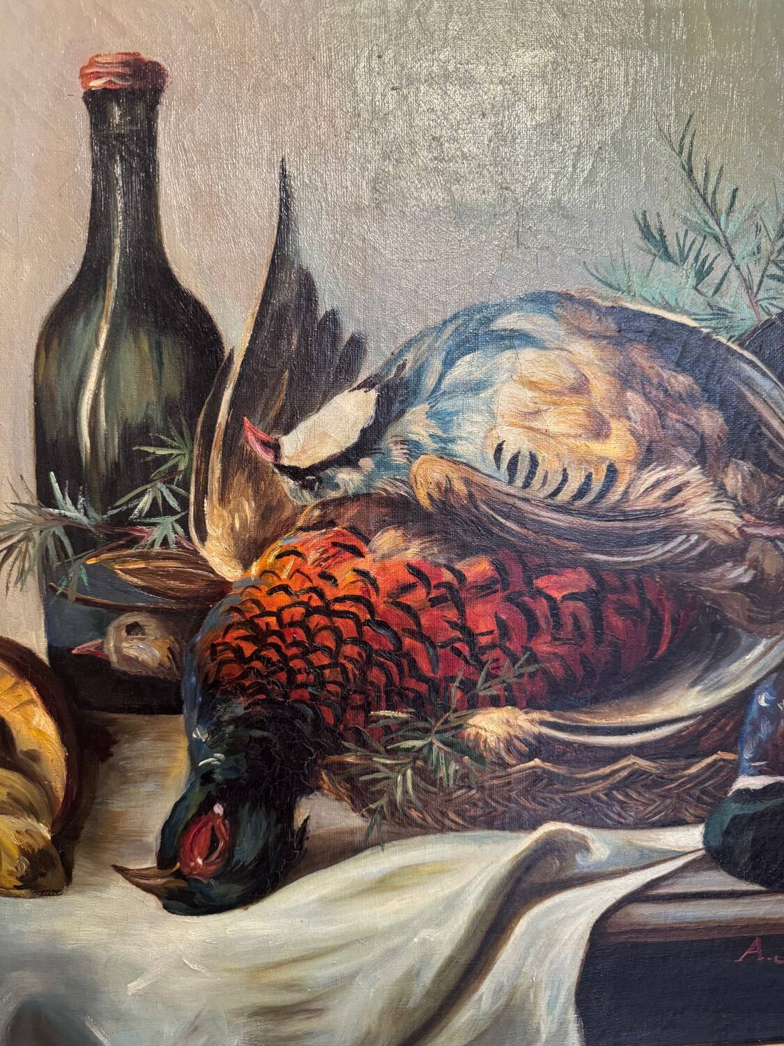 Still life with bottle and game, signed, 20th century