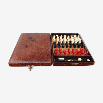 Jeu d'échecs coffret cuir de voyage vintage