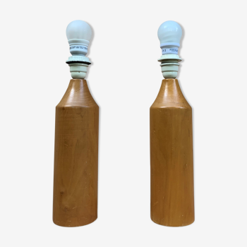 Vintage 2 Foot IKEA Table Lamps from Sweden In Oak Wood Bottle Shape