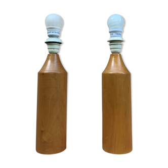 Vintage 2 Foot IKEA Table Lamps from Sweden In Oak Wood Bottle Shape