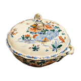 Large soup bowl in Gien earthenware model rooster and peonies