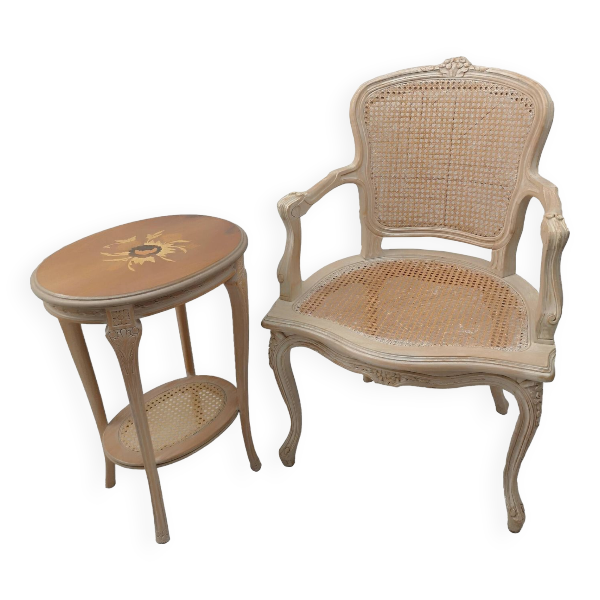 Fauteuils cabriolet canné louis xv en hêtre et selette ovale