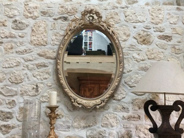 Miroir médaillon fronton noeud et roses gris et argile 98x68cm