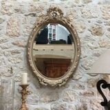 Miroir médaillon fronton noeud et roses gris et argile 98x68cm