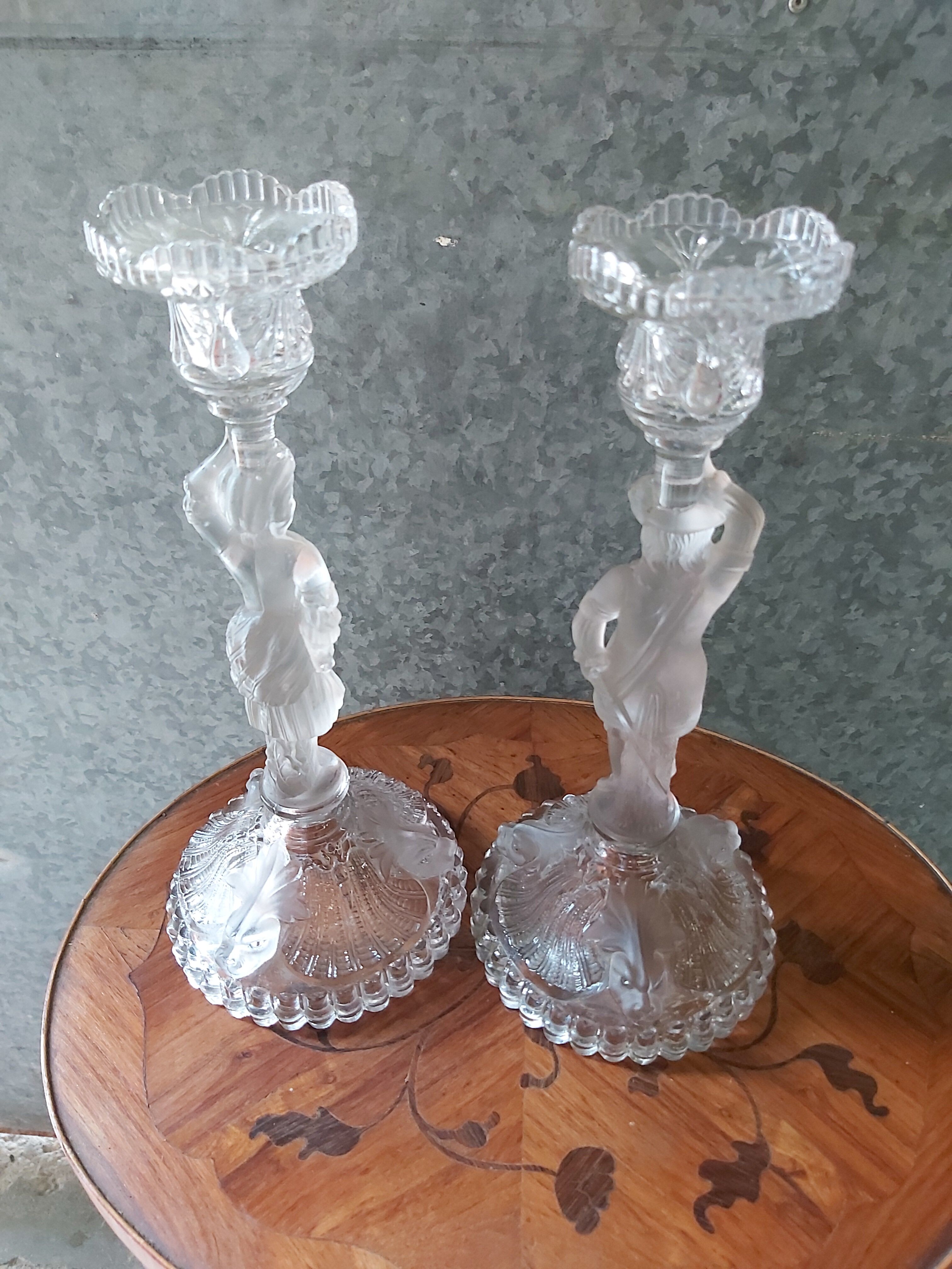 Pair of molded glass torque candlesticks