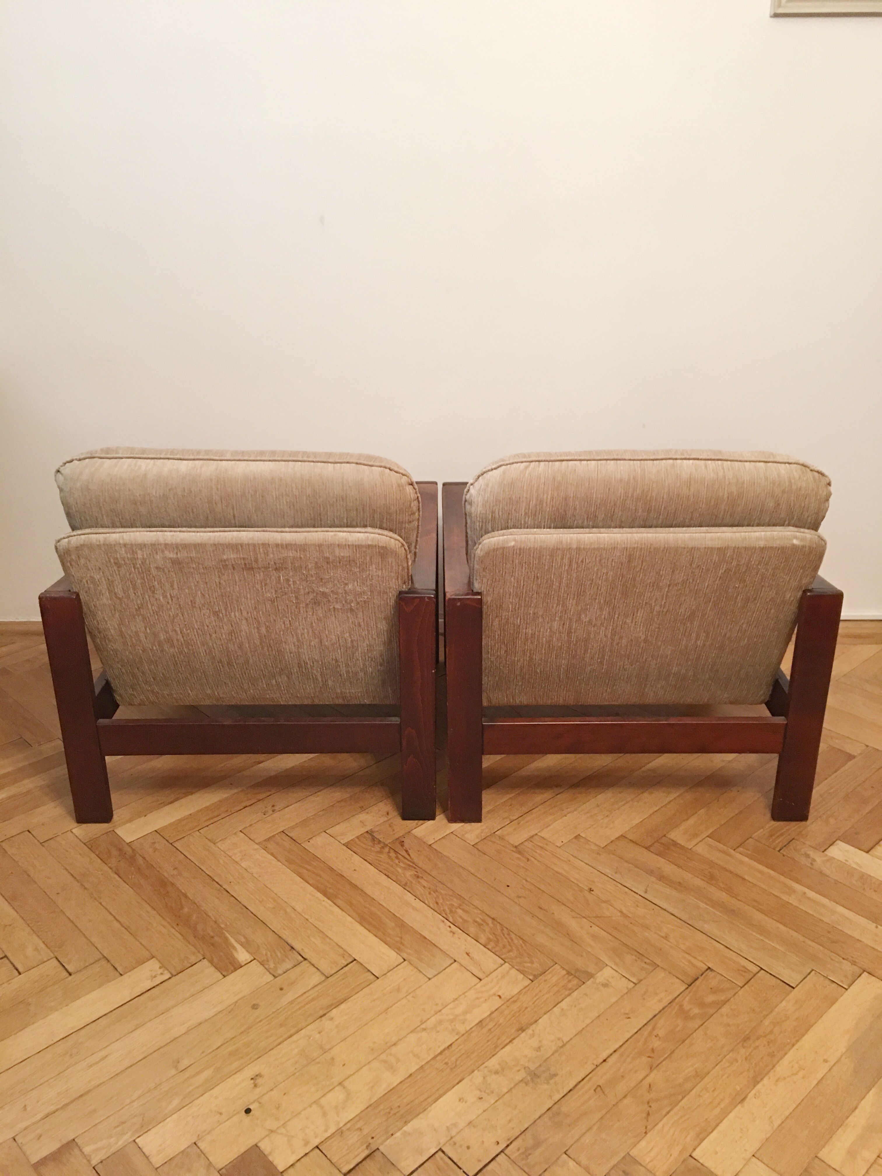 Brown vintage armchairs, 1960s, pair with one stool
