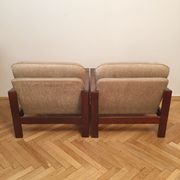 Brown vintage armchairs, 1960s, pair with one stool