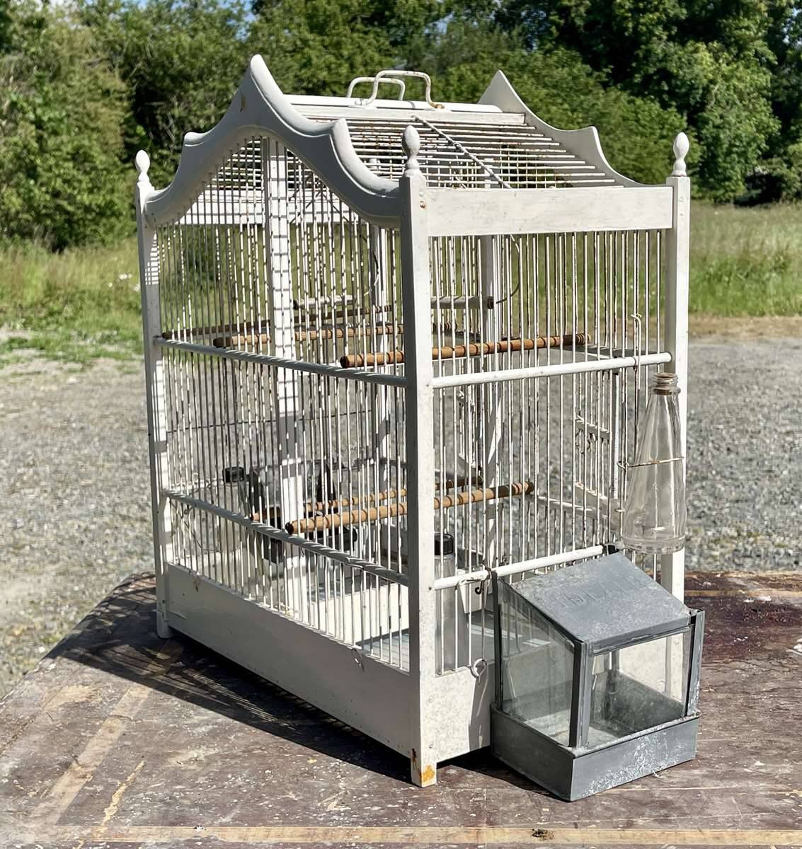 1950s wooden and metal birdcage with period accessories