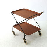Mid-century modern foldable serving trolley with teak trays