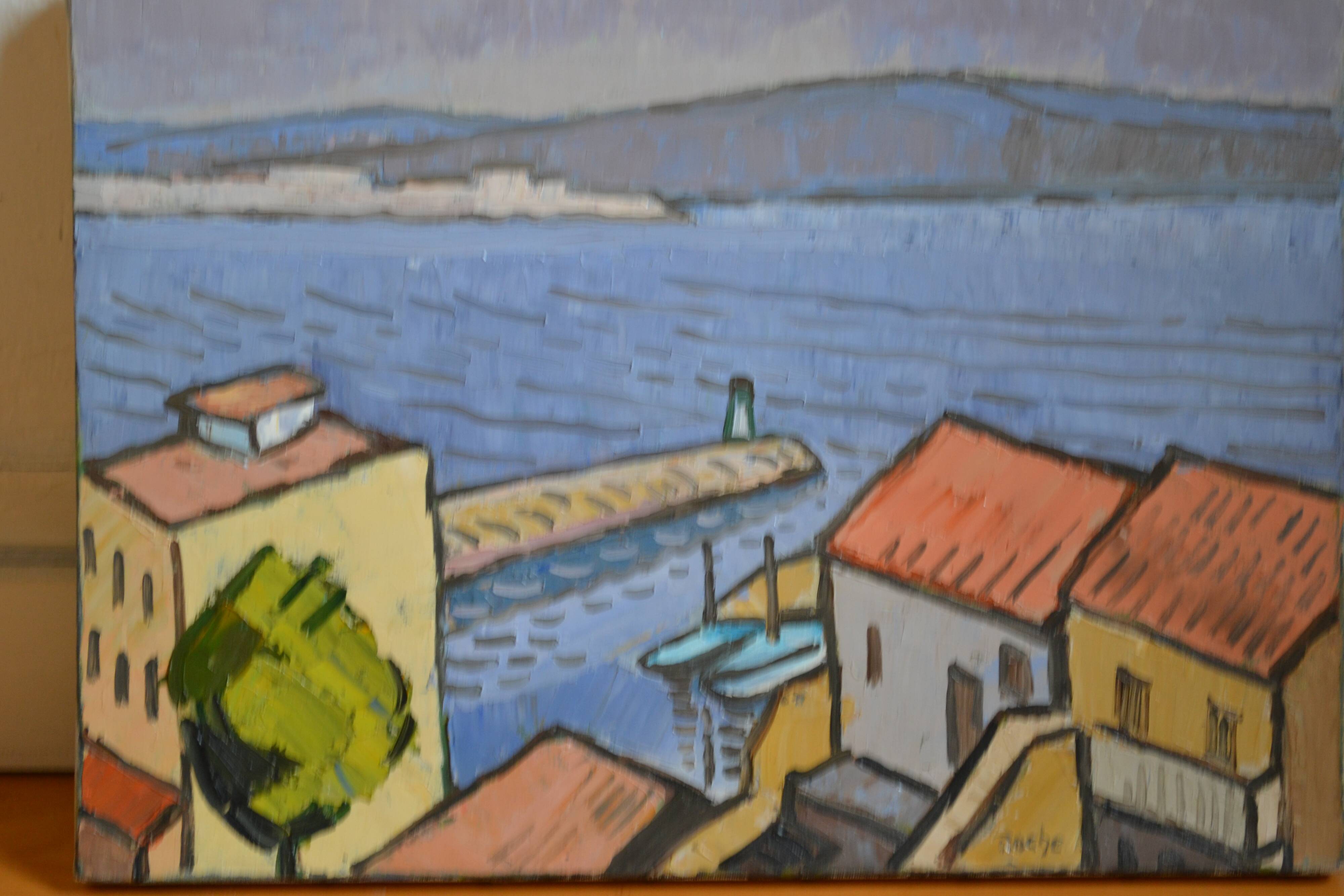 Marseille Corniche Valmer seaside landscape painting HST signed Roche