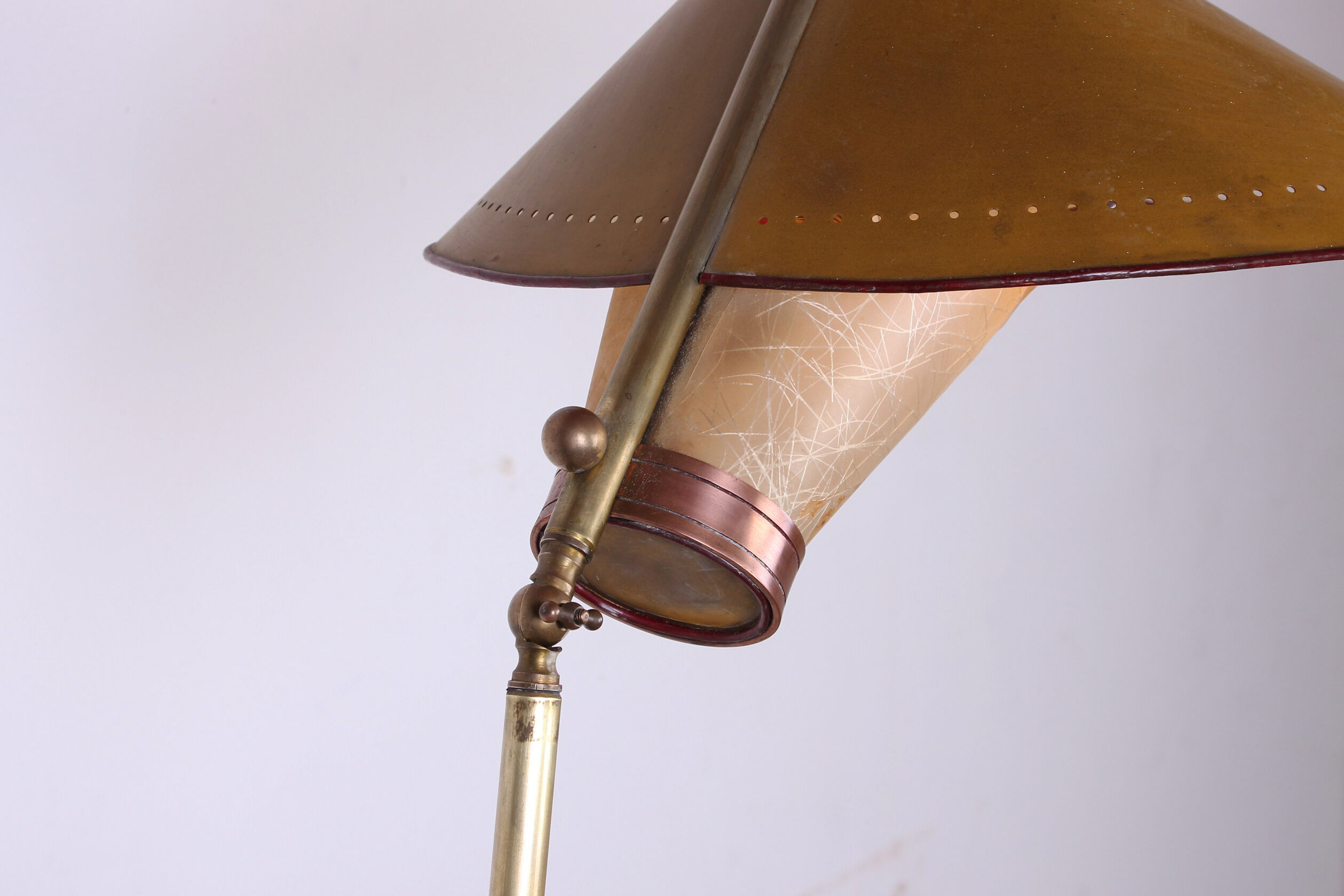 Italian brass floor lamp with conical shaft, adjustable in tilt and height, 1950