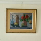 Mid-century original Swedish oil on panel still life with pot plant