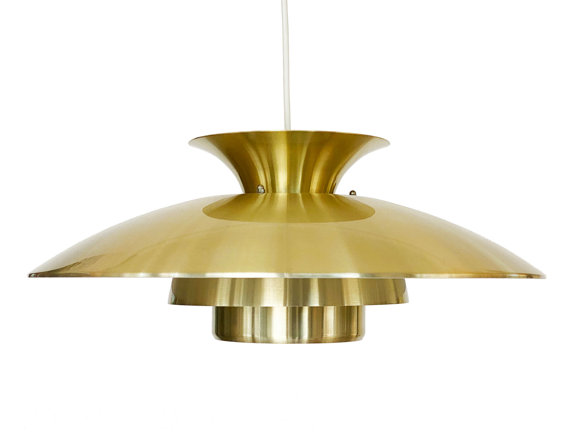 Brushed aluminum pendant light with golden finish, Denmark 1970