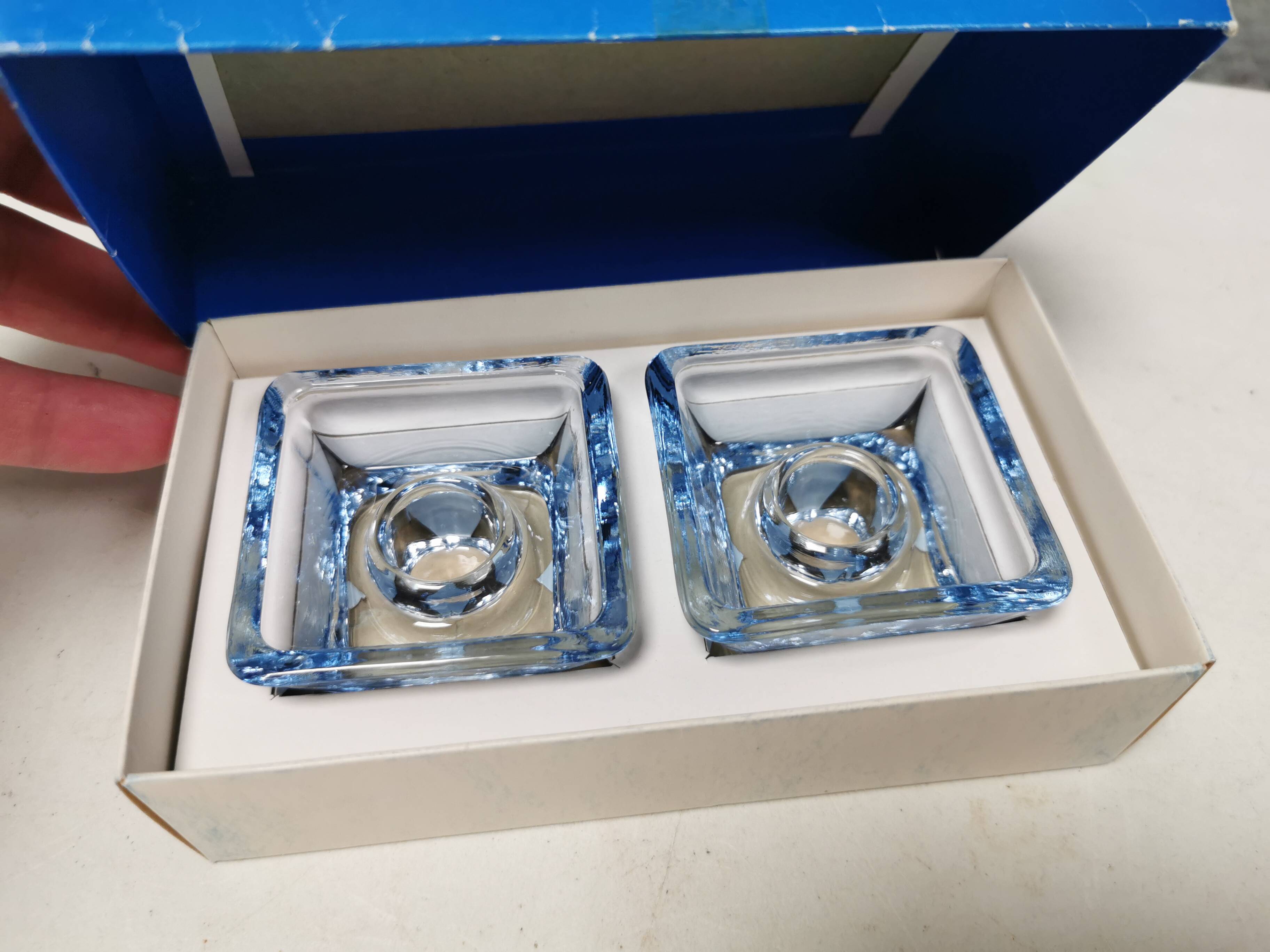 Two candleholders in turquoise/tranparent glass from Danish Kastrup-Holmegaard glassworks 1965-72