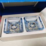 Two candleholders in turquoise/tranparent glass from Danish Kastrup-Holmegaard glassworks 1965-72