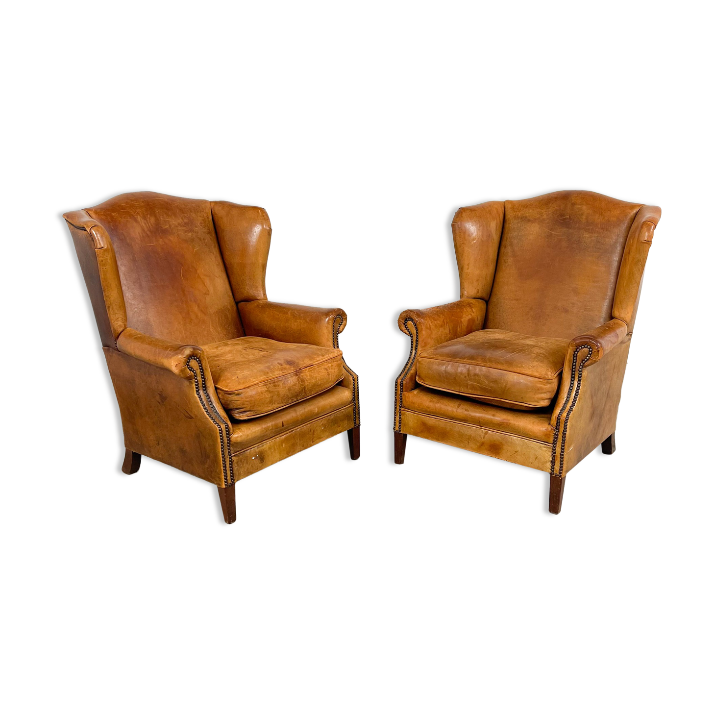 Set of two sheep leather wingback armchairs Delft