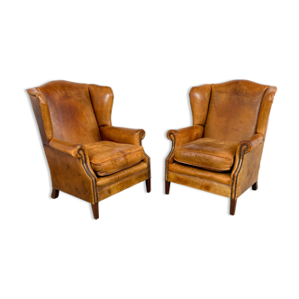 Set of two sheep leather wingback armchairs Delft