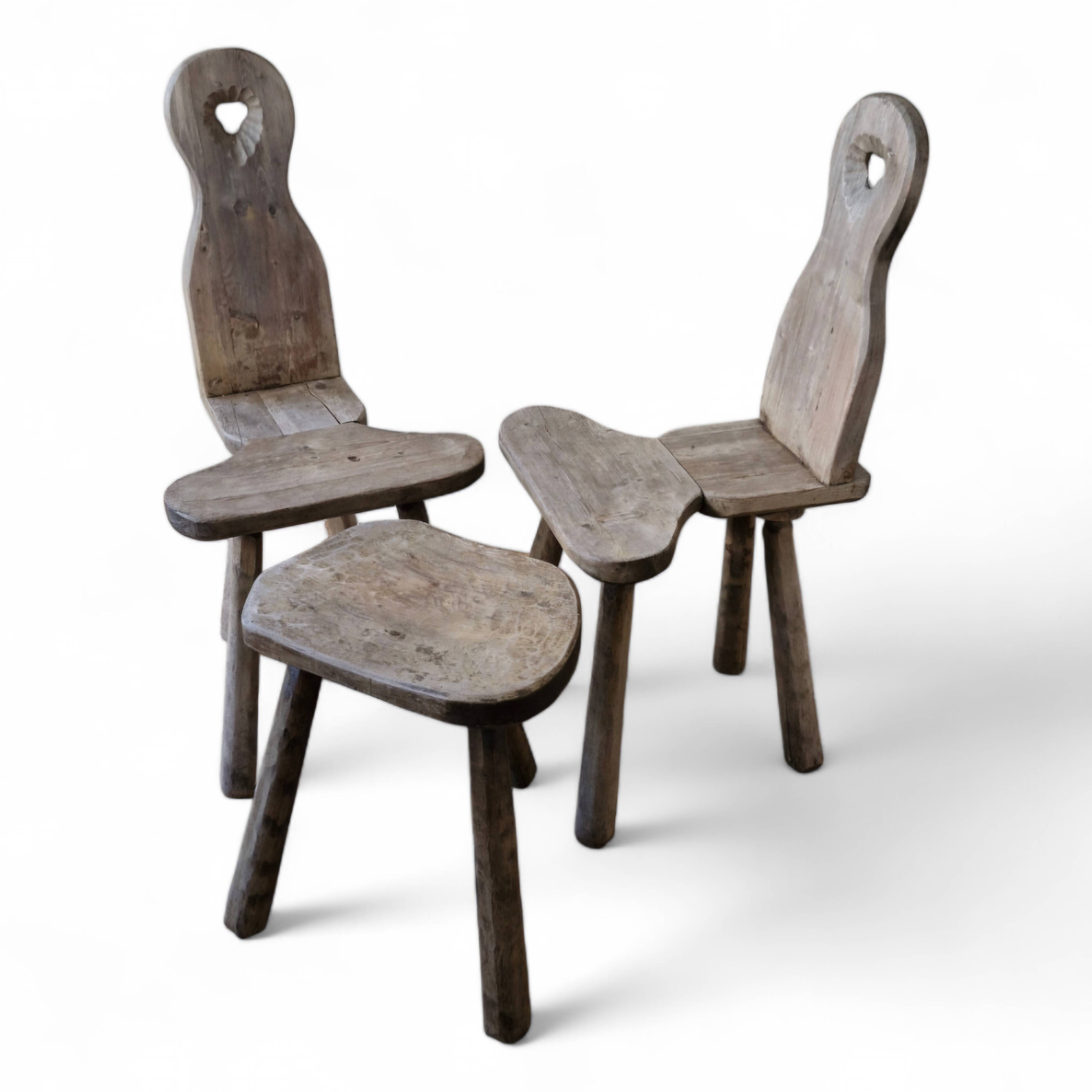 Duo of brutalist wooden chairs and a stool 1960