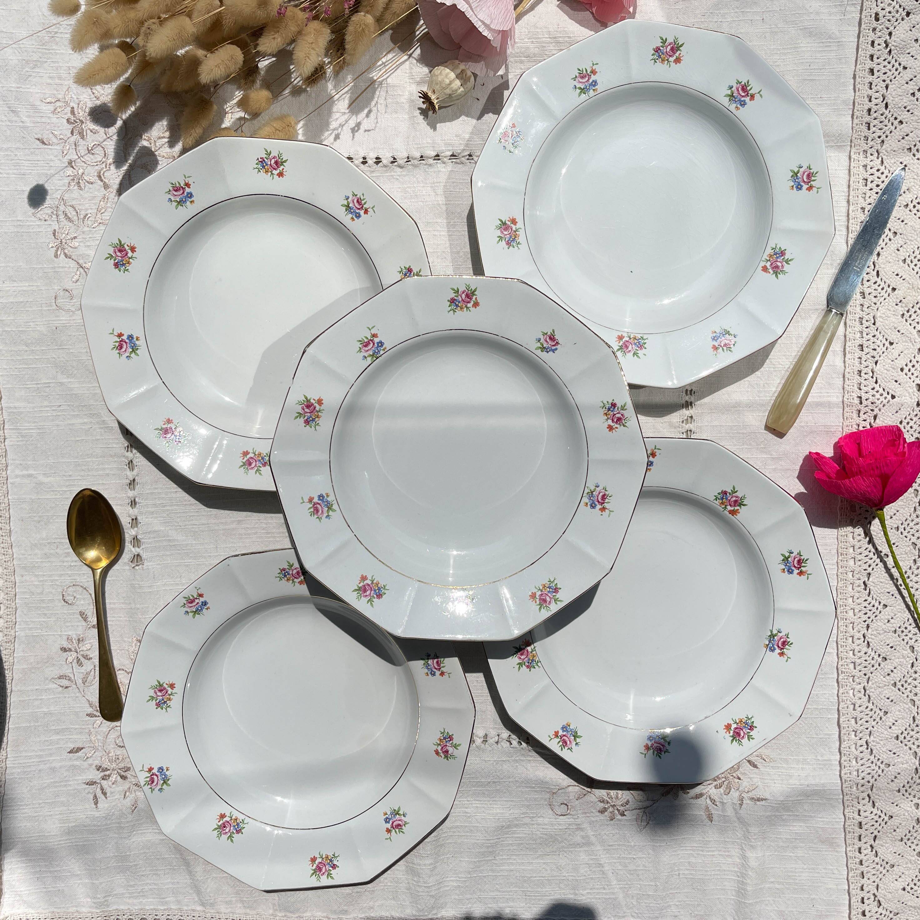 5 vintage hollow plates in opaque porcelain SALINS floral pattern