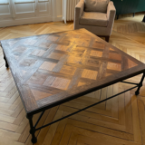 Large coffee table in oak and wrought iron