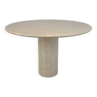 Round travertine dining table designed by Jean Charles for Roche Bobois 1970