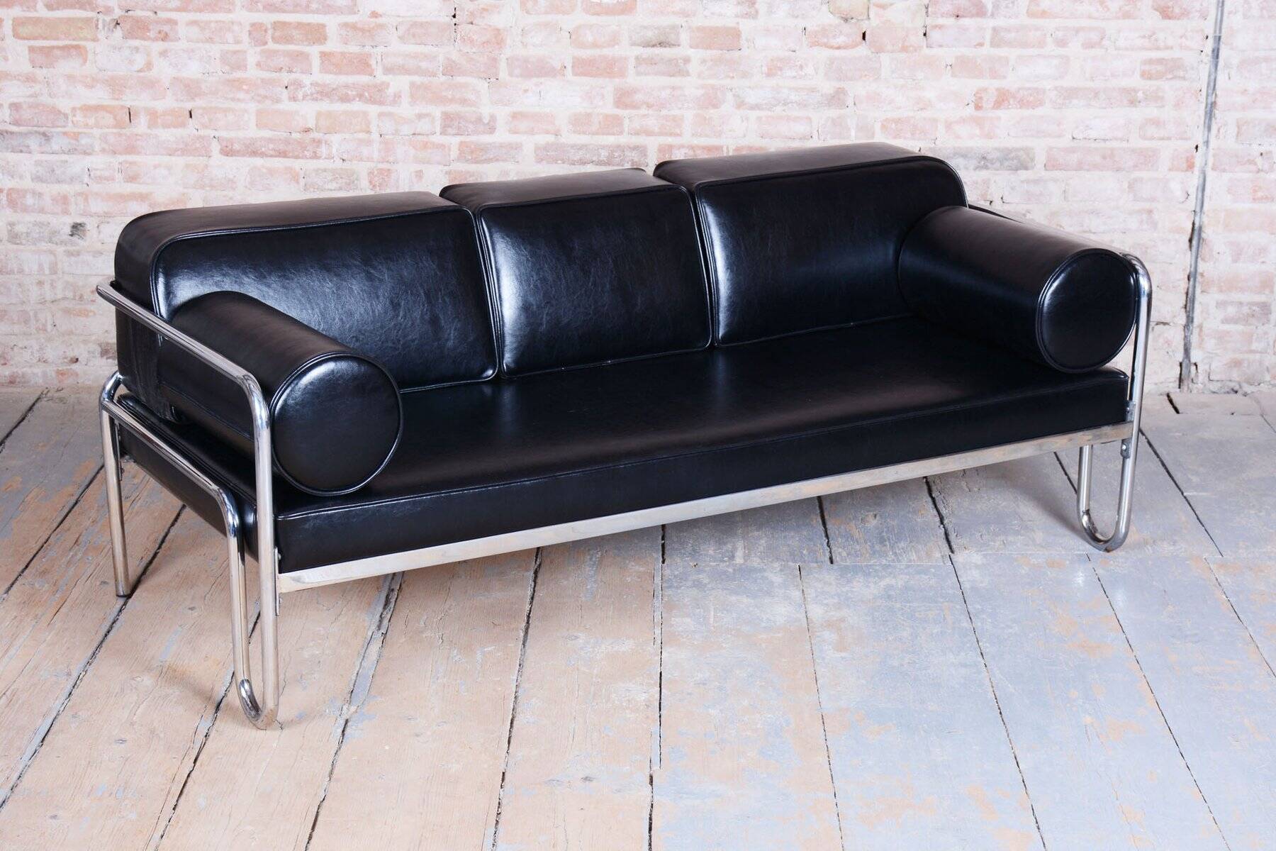 Sofa Bauhaus en acier chromé et cuir, tchèque, années 1930