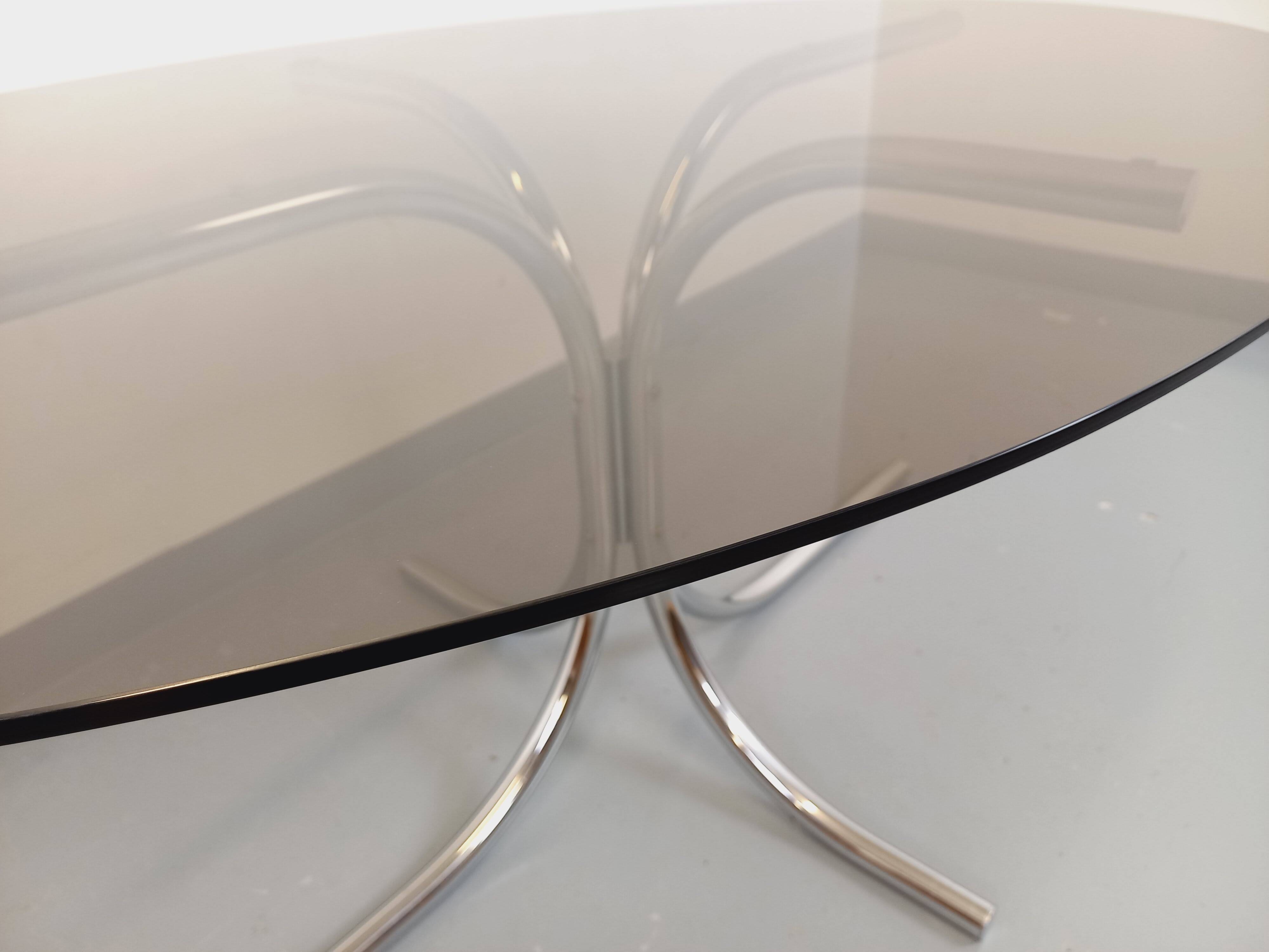 Vintage oval dining table in smoked glass and chrome metal