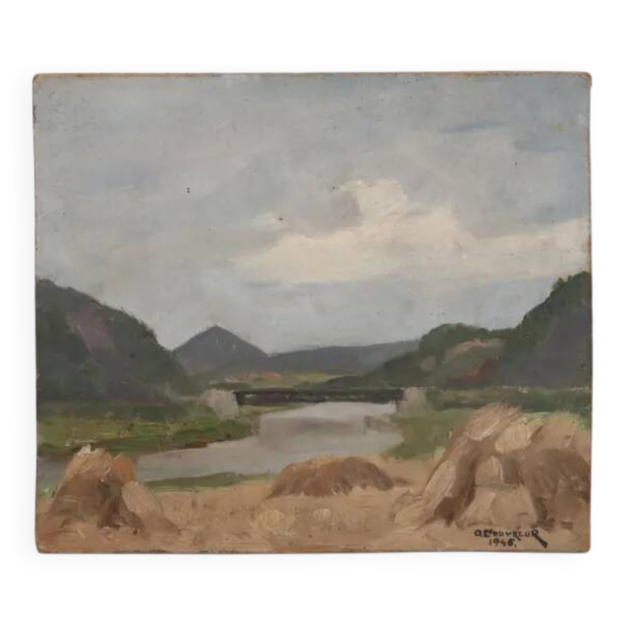 Landscape oil painting on hardboard by O. Couvreur, 1946