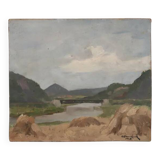 Landscape oil painting on hardboard by O. Couvreur, 1946