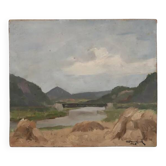 Landscape oil painting on hardboard by O. Couvreur, 1946